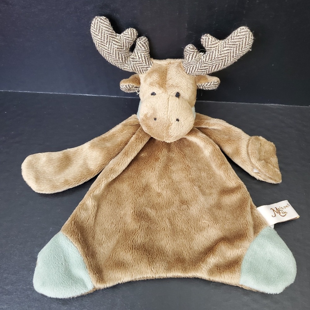 Maison Chic Brown Moose Floppy Flat Lovey Stuffed Animal Plush Security‎ Blanket